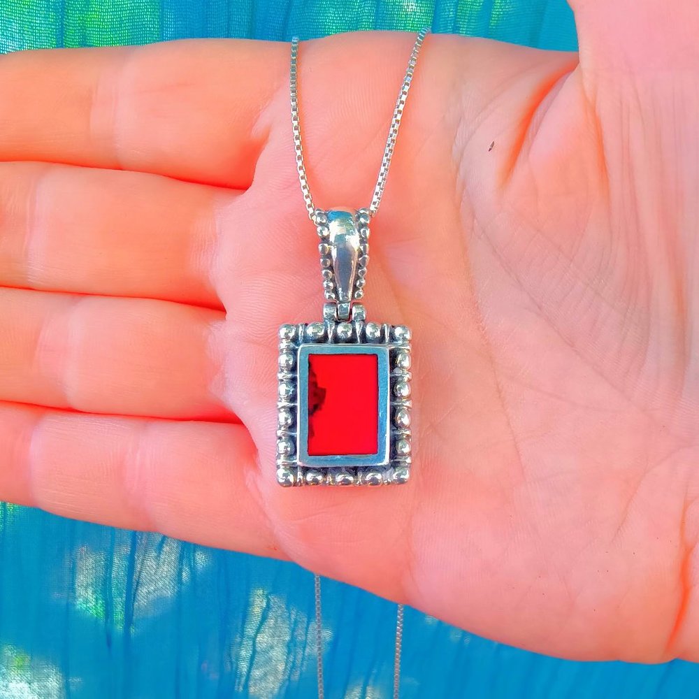 Vintage Sterling Silver Red Jasper Pebbled Pendant Necklace - Picture 7 of 13